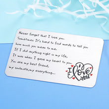 Load image into Gallery viewer, Mens Wallet Insert Card Engraved Anniversary Gif For Husband Boyfriend From Wife Girlfriend Valentines Day Gifts For Him Her Never Forget That I Love You Birthday Wedding Christmas Deployment Gifts