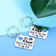 Load image into Gallery viewer, Jim and Pam Keychain Set 2Pcs The Office TV Show Inspired Couple Gifts for Boyfriend Girlfriend Birthday Anniversary Gifts for Him Her Wife Husband Wedding Proposal Engagement Valentines Day Gifts