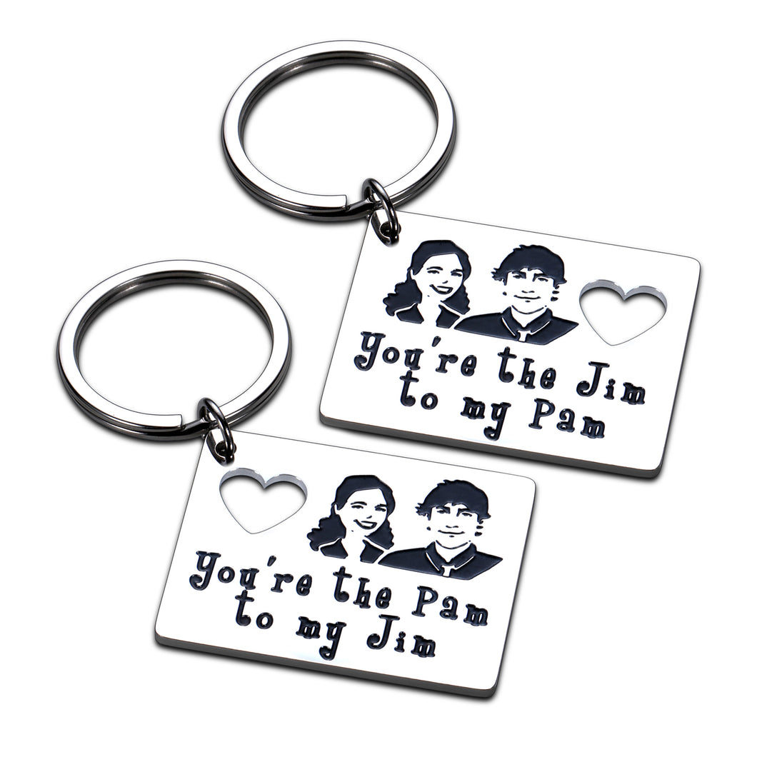 Jim and Pam Keychain Set 2Pcs The Office TV Show Inspired Couple Gifts for Boyfriend Girlfriend Birthday Anniversary Gifts for Him Her Wife Husband Wedding Proposal Engagement Valentines Day Gifts