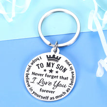 Load image into Gallery viewer, to My Son Keychain from Mom Dad Inspirational Keepsake for Teen Boys 16 18 21 Birthday Back to School Graduation Christmas Inspirational Souvenir for Teenage Boys Adult Son Him First Day of School
