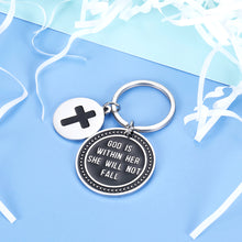Load image into Gallery viewer, Inspirational Keychain Gift Prayer Charm Keychain Faith Religious Jewelry for Women Girls God Is Within Her She Will Not Fall Key chain or Birthday Christmas Thanksgiving Her
