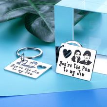 Load image into Gallery viewer, Jim and Pam Keychain Set 2Pcs The Office TV Show Inspired Couple Gifts for Boyfriend Girlfriend Birthday Anniversary Gifts for Him Her Wife Husband Wedding Proposal Engagement Valentines Day Gifts
