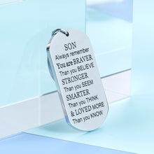 Load image into Gallery viewer, Inspirational Gifts Keychain for Teenage Adult To My Son You Are Braver Than You Believe Key Chain Tag for Boys Teen from Mom Step Mother Dad Birthday Graduation Christmas Homecoming Gift Men Him
