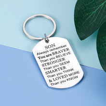 Load image into Gallery viewer, Inspirational Gifts Keychain for Teenage Adult To My Son You Are Braver Than You Believe Key Chain Tag for Boys Teen from Mom Step Mother Dad Birthday Graduation Christmas Homecoming Gift Men Him
