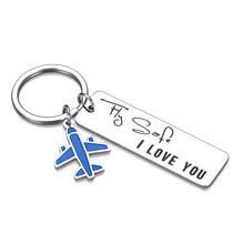 Load image into Gallery viewer, Fly Safe I Love You Keychain Airplane Charm Present for Pilot Airline Staff Flight Attendant Husband Wife Boyfriend Girlfriend Family Present for Traveling Birthday Anniversary Women Men Him Her
