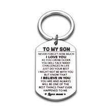 Load image into Gallery viewer, Inspirational Gifts for Son from Mom 16th 18th 21st Birthday Back to School Keychain for Teen Boys Christmas Graduation Gift for Stepson Men Him Kids Adult from Mother Stepmom I Love You Keyring
