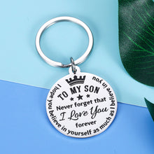 Load image into Gallery viewer, to My Son Keychain from Mom Dad Inspirational Keepsake for Teen Boys 16 18 21 Birthday Back to School Graduation Christmas Inspirational Souvenir for Teenage Boys Adult Son Him First Day of School
