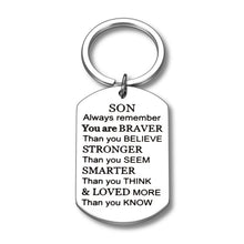Load image into Gallery viewer, Inspirational Gifts Keychain for Teenage Adult To My Son You Are Braver Than You Believe Key Chain Tag for Boys Teen from Mom Step Mother Dad Birthday Graduation Christmas Homecoming Gift Men Him
